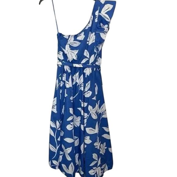NWT J Crew Floral Ruffle One Shoulder Midi Dress Tie Elastic Waist 14 Blue White - Picture 6 of 15